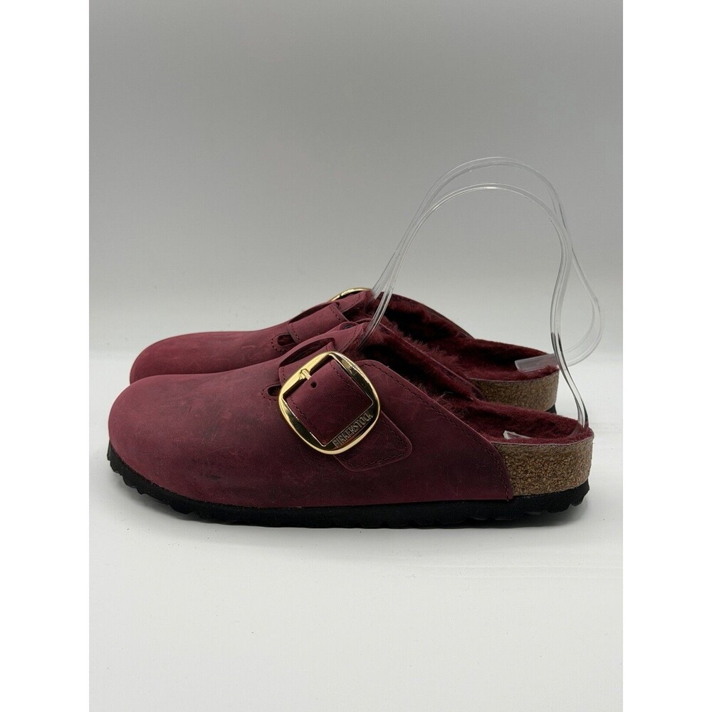 Birkenstock Boston Clogs Big Buckle Shearling Shoes Maroon Comfy 37 EU 6 US New - Picture 3 of 7